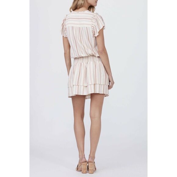 Paige Cristina Minidress In Ecru Smocked Tiered Fits Like a Size L Pink Stripes - Picture 2 of 8